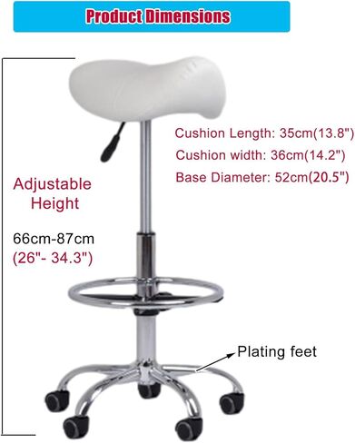 Ergonomic White Medical Saddle Chair on Wheels, 66-87 cm Rolling Swivel Stool for Beauty, Tattoo, Lash & Dentist Studios - Comfortable Saddle Seat for Professionals in Saudi Arabia