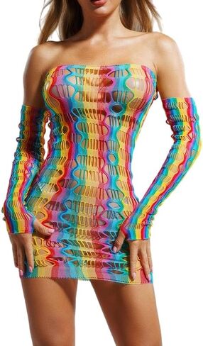 Rainbow Fishnet Bodystockings Mesh Bodysuit Elastic Lingerie Rave Party Bodysuit for Women and Girls Lingerie for Women Bodycon Nightclub Dress Fishnet Chemise with Sleeve (Hole Shape:Rhombus) in Kuwait