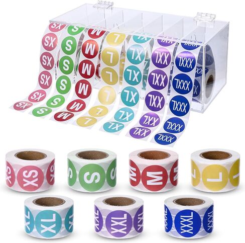 4000 Pcs Clothing Size Stickers Labels Holder Organizer and Wall Mount Acrylic Sticker Roll Holder Dispenser, 7 Sizes XS to 2XL, Round Stickers for Clothing Retail in Saudi Arabia