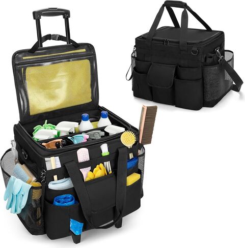 LoDrid Rolling Cleaning Caddy with Lid, Cleaning Supplies Organizer with Detachable Trolley, Cleaning Caddy Cart on Wheels with Handle and Shoulder Strap for Housekeepers, Black, Bag Only in Saudi Arabia