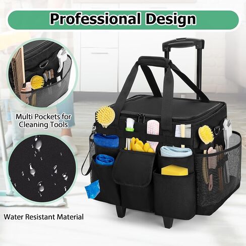 LoDrid Rolling Cleaning Caddy with Lid, Cleaning Supplies Organizer with Detachable Trolley, Cleaning Caddy Cart on Wheels with Handle and Shoulder Strap for Housekeepers, Black, Bag Only in Saudi Arabia