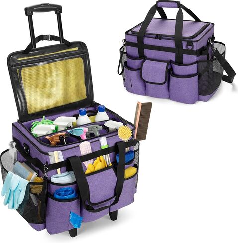 LoDrid Rolling Cleaning Caddy with Lid, Cleaning Supplies Organizer with Detachable Trolley, Cleaning Caddy Cart on Wheels with Handle and Shoulder Strap for Housekeepers, Black, Bag Only in Saudi Arabia