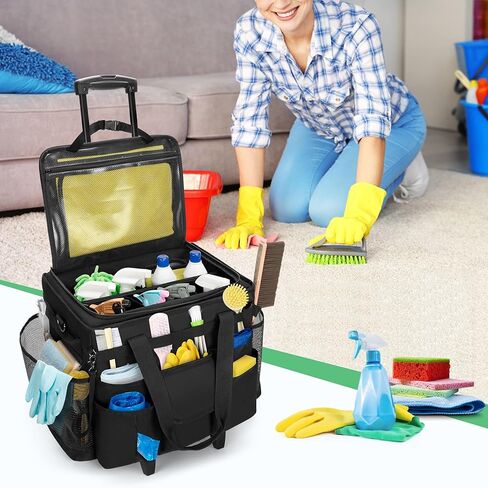 LoDrid Rolling Cleaning Caddy with Lid, Cleaning Supplies Organizer with Detachable Trolley, Cleaning Caddy Cart on Wheels with Handle and Shoulder Strap for Housekeepers, Black, Bag Only in Saudi Arabia