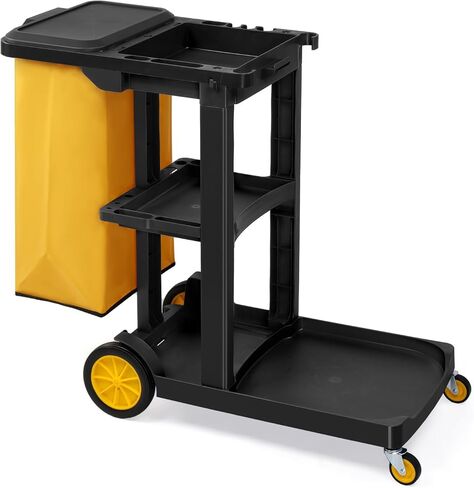 TUFFIOM Commercial Traditional Cleaning 3-Shelf Janitorial Cart, 500 Lbs Capacity Housekeeping Cart, Wheeled with Yellow VinylBag and Cover w Lid, Black in Saudi Arabia