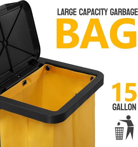 TUFFIOM Commercial Traditional Cleaning 3-Shelf Janitorial Cart, 500 Lbs Capacity Housekeeping Cart, Wheeled with Yellow VinylBag and Cover w Lid, Black in Saudi Arabia