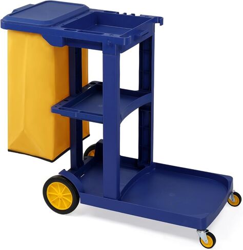TUFFIOM Commercial Traditional Cleaning 3-Shelf Janitorial Cart, 500 Lbs Capacity Housekeeping Cart, Wheeled with Yellow VinylBag and Cover w Lid, Black in Saudi Arabia