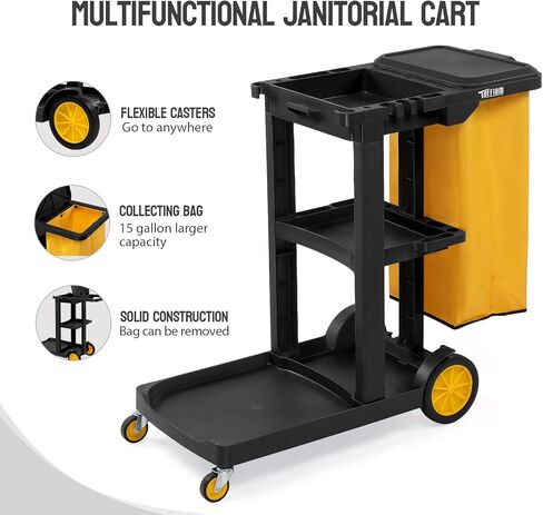 TUFFIOM Commercial Traditional Cleaning 3-Shelf Janitorial Cart, 500 Lbs Capacity Housekeeping Cart, Wheeled with Yellow VinylBag and Cover w Lid, Black in Saudi Arabia