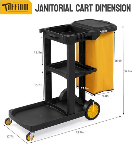 TUFFIOM Commercial Traditional Cleaning 3-Shelf Janitorial Cart, 500 Lbs Capacity Housekeeping Cart, Wheeled with Yellow VinylBag and Cover w Lid, Black in Saudi Arabia