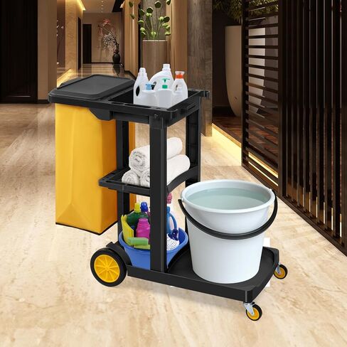 TUFFIOM Commercial Traditional Cleaning 3-Shelf Janitorial Cart, 500 Lbs Capacity Housekeeping Cart, Wheeled with Yellow VinylBag and Cover w Lid, Black in Saudi Arabia