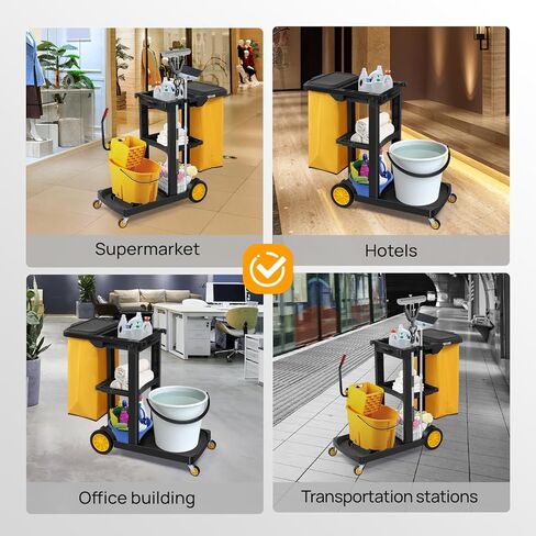 TUFFIOM Commercial Traditional Cleaning 3-Shelf Janitorial Cart, 500 Lbs Capacity Housekeeping Cart, Wheeled with Yellow VinylBag and Cover w Lid, Black in Saudi Arabia