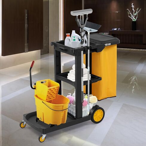 TUFFIOM Commercial Traditional Cleaning 3-Shelf Janitorial Cart, 500 Lbs Capacity Housekeeping Cart, Wheeled with Yellow VinylBag and Cover w Lid, Black in Saudi Arabia