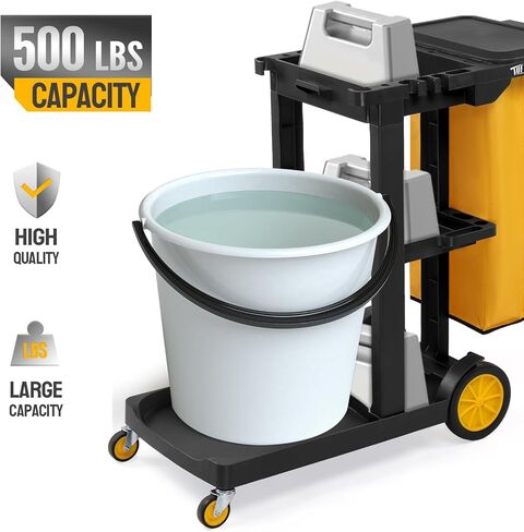 TUFFIOM Commercial Traditional Cleaning 3-Shelf Janitorial Cart, 500 Lbs Capacity Housekeeping Cart, Wheeled with Yellow VinylBag and Cover w Lid, Black in Saudi Arabia
