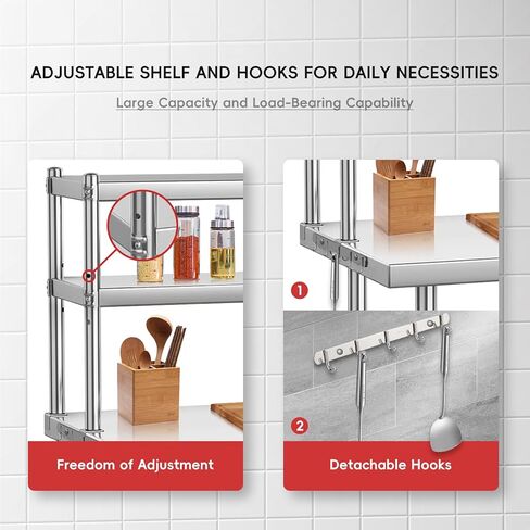 Commercial Stainless Steel Prep Table with Adjustable Shelves and Side Hooks, 36" X 24" Heavy Duty Workstation for Restaurant, Kitchen, or Workshop in Saudi Arabia