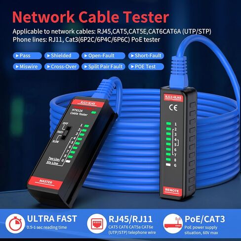 Network Ethernet Cable Tester for LAN RJ45 RJ11 CAT5 CAT5E CAT6 CAT6A CAT7, Ethernet Wire Tester Tool UTP/STP Continuity Test for Telephone Line Finder Home Repair (HT812A) in Saudi Arabia