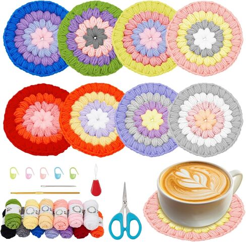 ORIGACH 4 Pcs Sunflower Coaster Crochet Start kit, Coaster Knitting Crochet Set for Beginners Adult, Complete Crochet Accessories Tools with Crochet Hooks, Yarn, Instruction and Video in Kuwait