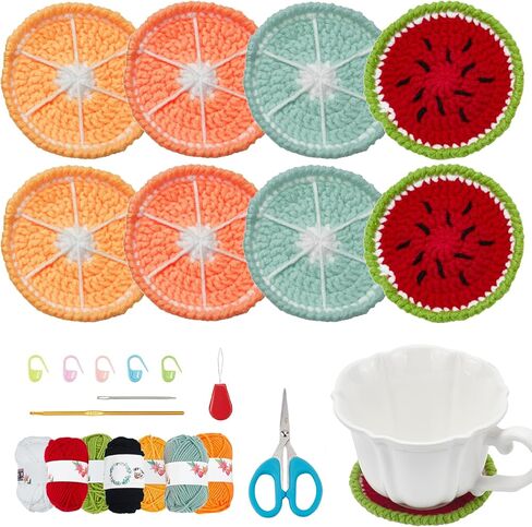 ORIGACH 4 Pcs Sunflower Coaster Crochet Start kit, Coaster Knitting Crochet Set for Beginners Adult, Complete Crochet Accessories Tools with Crochet Hooks, Yarn, Instruction and Video in Kuwait