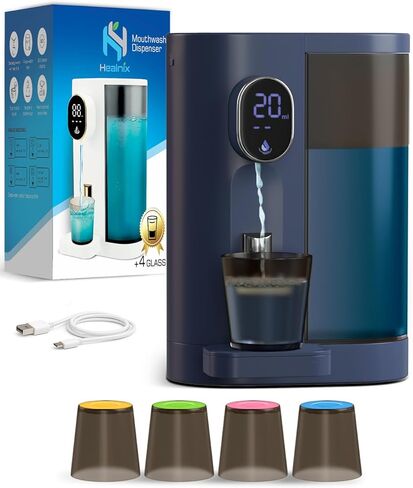 Healnix Automatic Mouthwash Dispenser for Bathroom (20.3 oz) - Touchless Smart Mouth Wash Dispenser with 4X Magnetic Cups - Wall-Mounted and Countertop Set for Kids and Adults Bathroom (White) in Kuwait