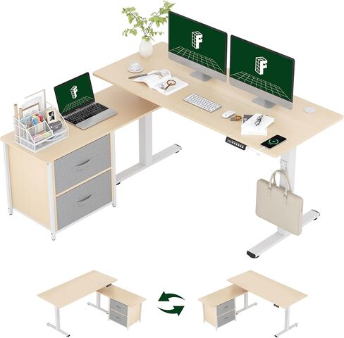 FLEXISPOT 55'' L Shaped Standing Desk with Drawers and Shelves, Large Corner Stand Up Desk with Headphone Hooks for Home Office, Black Top+ Black Frame in Kuwait