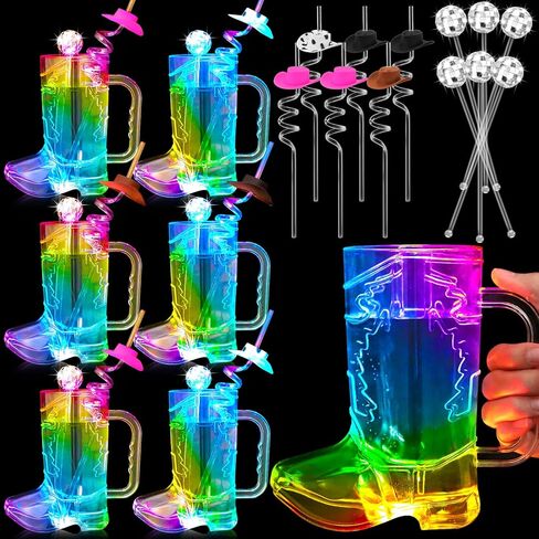 36 مجموعات LED COWBOY BOOT CUPS 17 OZ بما في ذلك 12 أكواب مشروب رعاة البقر 12 HAT Straws 12 مرآة DISCO BALL FIRDRERS للموضوع الغربي لحفلة عيد ميلاد البكالوريوس (LED ملونة) in Kuwait