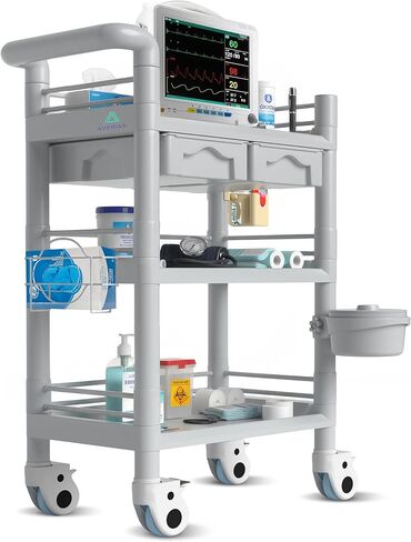 عربة طبية Averian 3 Tier ABS باللون الرمادي المذهل | عربة تجميلية دوارة بسعة 330 رطل مع عجلات قابلة للقفل | توريد محطة متنقلة للعيادات والمختبرات وطب الأسنان ومراكز التجميل in Kuwait