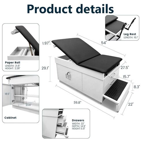 GOTBRAN Medical Exam Table with Drawers, Built in Stool, Cabinet, Leg Rest & Paper Towel Dispenser - Adjustable Medical Treatment Table with Storage, 72" L x 31" H x 28" W in Saudi Arabia