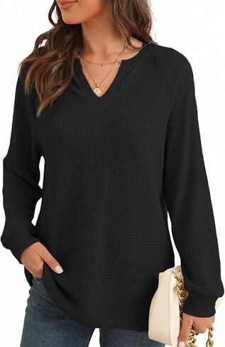 BLENCOT Long Sleeve Shirts For Women Trendy V Neck Fall Tops Cute Casual Waffle Loose Fitted Sweatshirt in Saudi Arabia