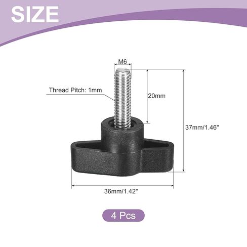 4Pcs Tee Wing Knobs Thumb Screws, M6 x 20mm Clamping Screw Knob Male Thread 304 Stainless Steel T Shaped Thumb Screws Handle 36mm Dia. for Hand Tightening Knob Replacement, Black in Saudi Arabia