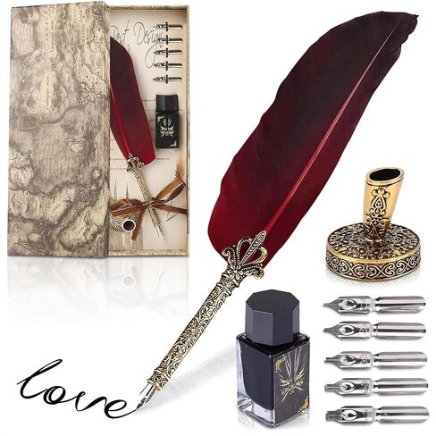Feather Pen and Ink Set - Feather Quill Pen and Ink Set Dip Pen Antique Feather Pen Signature Pens for Signing Feather Pen Set Calligraphy Set - Pens for Signing Feather Pen Set Calligraphy Pen in Kuwait