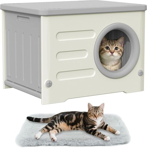 Weatherproof Stackable Cat House - Insulated & Waterproof Elevated Shelter for Indoor & Outdoor Cats Plastic Pet House Cat Wave with Bed Cushion(Grey Large) in Kuwait