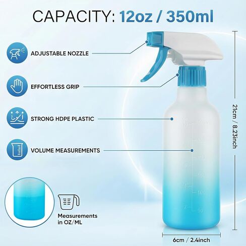 زجاجات رذاذ هيثيو 12oz زجاجة رذاذ HDPE لرذاذ الشعر/رذاذ بخاخ فارغ حاويات شديدة التحمل قابلة لإعادة التعبئة لحلول التنظيف والنباتات والخل 2 عبوة (أزرق، 12oz) in Kuwait
