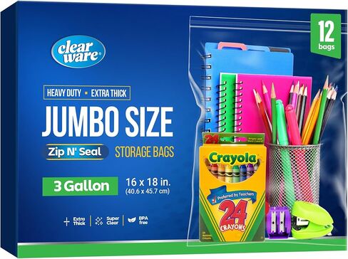 12 Large Storage Bags With Zipper Top - 3 Gallon Size, 16" x 18", Extra Large Plastic for Clothes, Travel, Moving, Large Reusable freezer bags, BPA-Free, 2-mil Thick in Saudi Arabia