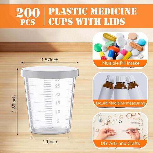 Yiyiring 200 Pcs Plastic Medicine Cups with Lid 30ml Clear Medical Measuring Scale Cups Measure Graduated Container for Medical Purposes or Mixing and Measuring Resin Epoxy DIY Arts in Saudi Arabia