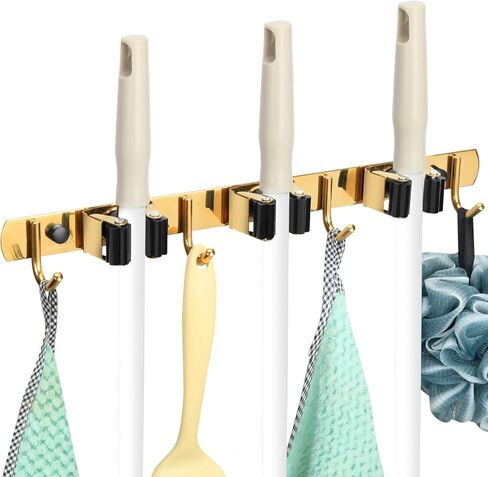 BLAGAIN 3 Racks and 4 Heavy Duty Hooks Mop and Broom Holder Wall Mount, Non-slip Organizer Storage Tool Racks for Garage,Kitchen,Closet, Laundry Room,Garden. Gold in Saudi Arabia