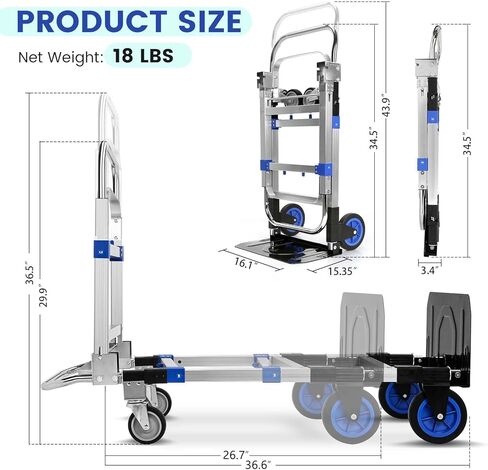 Upgraded 3 in 1 Aluminum Folding Hand Truck, 600 lbs Convertible Heavy Duty Dolly Cart, Collapsible Hand Trucks with 4 Rubber Wheels and Retractable Handle for Home, Warehouse, Supermarket (Blue) in Saudi Arabia