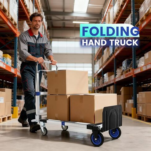 Upgraded 3 in 1 Aluminum Folding Hand Truck, 600 lbs Convertible Heavy Duty Dolly Cart, Collapsible Hand Trucks with 4 Rubber Wheels and Retractable Handle for Home, Warehouse, Supermarket (Blue) in Saudi Arabia