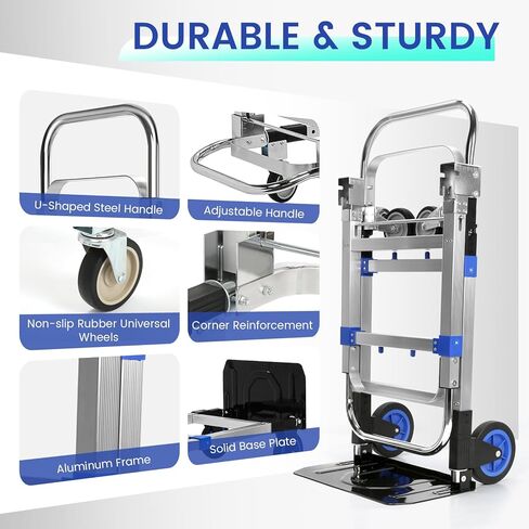 Upgraded 3 in 1 Aluminum Folding Hand Truck, 600 lbs Convertible Heavy Duty Dolly Cart, Collapsible Hand Trucks with 4 Rubber Wheels and Retractable Handle for Home, Warehouse, Supermarket (Blue) in Saudi Arabia