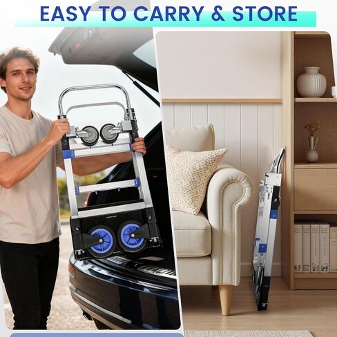 Upgraded 3 in 1 Aluminum Folding Hand Truck, 600 lbs Convertible Heavy Duty Dolly Cart, Collapsible Hand Trucks with 4 Rubber Wheels and Retractable Handle for Home, Warehouse, Supermarket (Blue) in Saudi Arabia