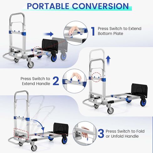 Upgraded 3 in 1 Aluminum Folding Hand Truck, 600 lbs Convertible Heavy Duty Dolly Cart, Collapsible Hand Trucks with 4 Rubber Wheels and Retractable Handle for Home, Warehouse, Supermarket (Blue) in Saudi Arabia