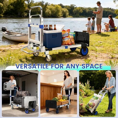 Upgraded 3 in 1 Aluminum Folding Hand Truck, 600 lbs Convertible Heavy Duty Dolly Cart, Collapsible Hand Trucks with 4 Rubber Wheels and Retractable Handle for Home, Warehouse, Supermarket (Blue) in Saudi Arabia