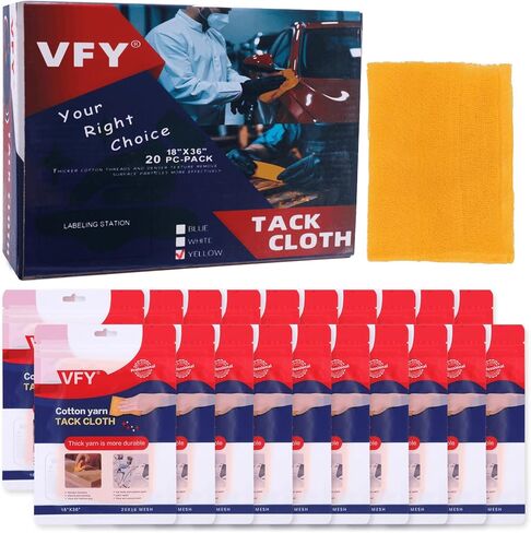 VFY Tack Cloth 50 قطعة، تغليف فردي أصفر عالي الجودة، مقاس 45.72 سم × 91.44 سم، خرق شبكية مقاس 20 × 16، حقيبة بسحاب قابلة لإعادة الغلق، خالية من الشمع والسيليكون ومضادة للكهرباء الساكنة للأعمال الخشبية وطلاء السيارات والصنفرة in Kuwait
