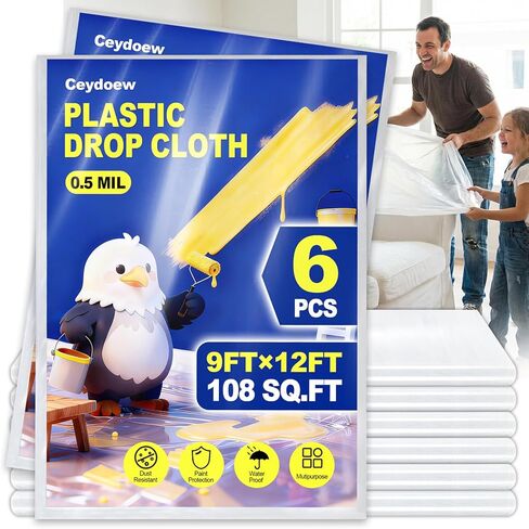 6 Pack Premium Plastic Drop Cloths for Painting 9x12ft, Waterproof & Dust-Proof Painters Plastic Drop Cloth, Disposable Plastic Paint Tarp for Home Renovations & DIY Projects in Saudi Arabia