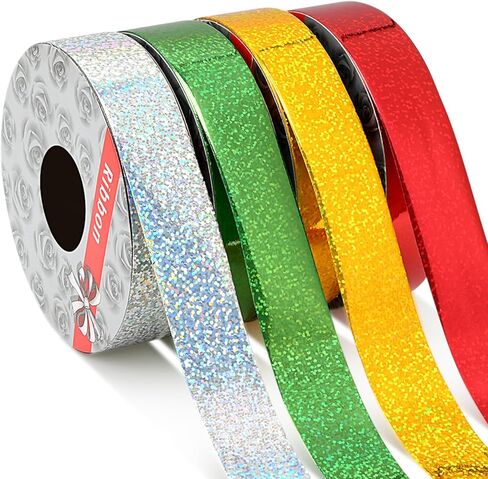 4 Rolls Christmas Shiny Waterproof Ribbon, 2 Inch x 50 Yards Green Silver Red Gold Xmas Curling Plastic Ribbon for Gifts Package Wrapping, Bows, Festival Art Craft Party Decor in Kuwait