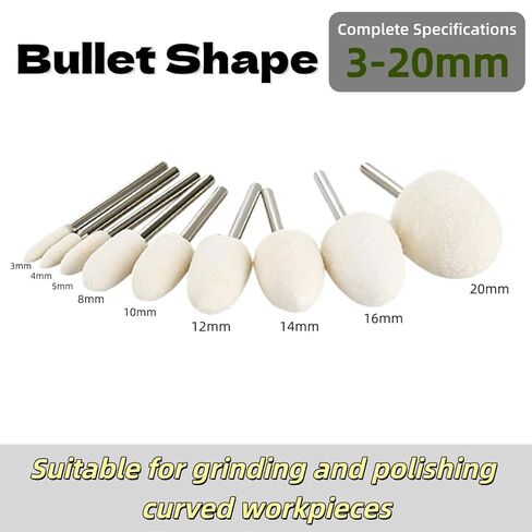 MiJunHD 20Pcs Wool Polishing Wheels Wool Felt Mounted Mandrel Points Polishing Buffing Wheel Grinding Head with 3mm Shank Rotary Tool Kit for Jade Glass Metal Wood(Bullet,12mm) in Saudi Arabia