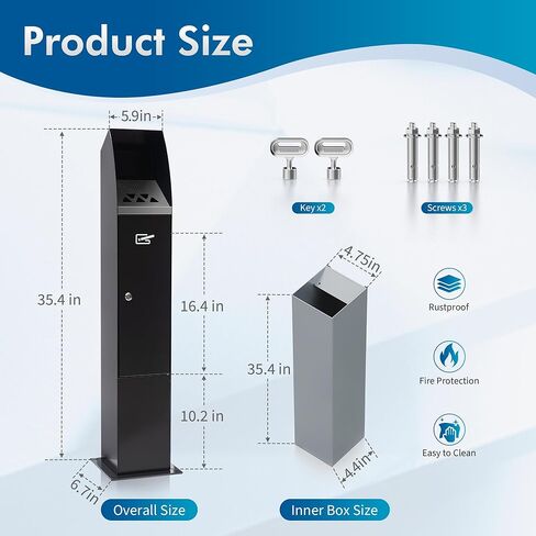 Artcraftvirtue Commercial Trash Can Disposal Outdoor Vertical Trash Can Standing Rubbish Bin for Patios Gardens Hotels Pubs Offices(Black) in Kuwait