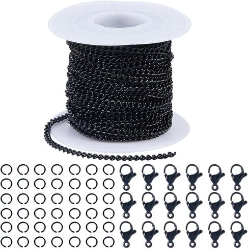 33 قدمًا/10M 3MM 3 مم روابط سلسلة أسود كبح كوب من الحديد سلسلة ارتباط بيضاوي مع كبول و 20pcs clasps جراد البحر و 50pcs قسوة القفز قلادة صنع مجموعة من مجوهرات الحرف اليدوية DIY in Kuwait