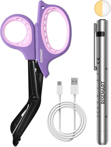 RISEMART Rechargeable Pen Light for Nurses with Trauma Shear, Nurse Scissors and Pen Light Set, 7.5" Medical Scissor and 2 LED Sources Penlight, Nursing Student Essentials (Blue+Blue) in Saudi Arabia