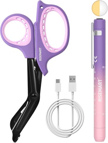 RISEMART Rechargeable Pen Light for Nurses with Trauma Shear, Nurse Scissors and Pen Light Set, 7.5" Medical Scissor and 2 LED Sources Penlight, Nursing Student Essentials (Blue+Blue) in Saudi Arabia