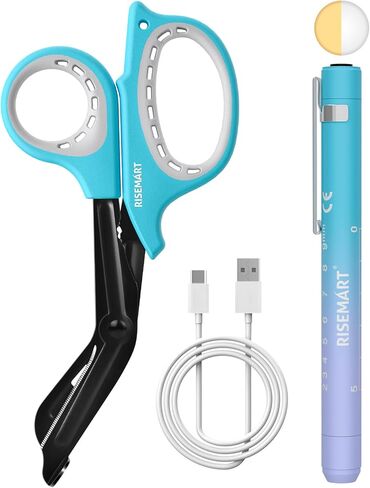 RISEMART Rechargeable Pen Light for Nurses with Trauma Shear, Nurse Scissors and Pen Light Set, 7.5" Medical Scissor and 2 LED Sources Penlight, Nursing Student Essentials (Blue+Blue) in Saudi Arabia