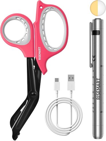 RISEMART Rechargeable Pen Light for Nurses with Trauma Shear, Nurse Scissors and Pen Light Set, 7.5" Medical Scissor and 2 LED Sources Penlight, Nursing Student Essentials (Blue+Blue) in Saudi Arabia