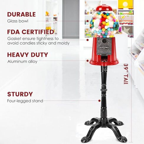 آلة علكة ZIEGIAN مقاس 15 بوصة مع حامل - آلة علكة فقاعية عتيقة مع كرة زجاجية وقاعدة معدنية - موزع حلوى للعملات المعدنية أو توزيع بدون عملات معدنية للأطفال (أحمر) in Kuwait